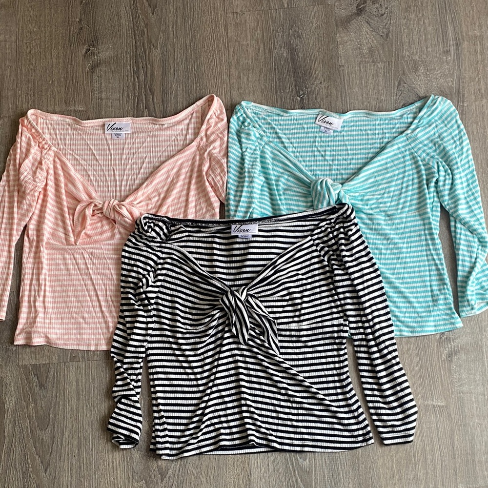 Vixen by Micheline Pitt Striped Knot-Front Tops in set of 3 Pink, Aqua & Black